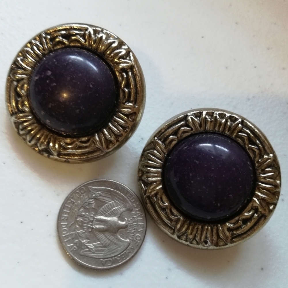 Antiqued Silver Tone Purple Stud Earrings - Picture 1 of 6